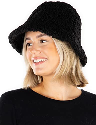 Women's Sherpa Fuzzy Bucket Hat - Black #TOP1