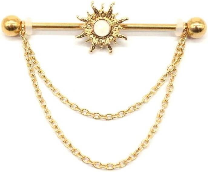 Gold Plated Stainless Steel Sun Industrial Barbell Cartilage Earrings for Women 14G Chains Dangle Cartilage Industrial Earrings Industrial Bar Body Piercing Jewelry