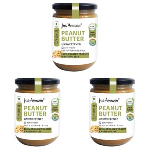 Image of Jus' Amazin Creamy Peanut Butter - Unsweetened (500g) | 31% Protein | Single Ingredient - 100% Organic Peanuts (no Added Sugar /Salt) | Dairy Free | Keto | Clean Nutrition (Pack of 3)