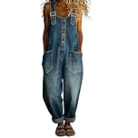 Women's Vintage Denim Jean Overalls Regular-Fit Stretch Straight Leg Roll-Up Baggy Bib Dungarees Washed Cotton Button Front Sleeveless Jeans Coveralls with Pockets for Women UK