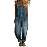 Women's Vintage Denim Jean Overalls Regular-Fit Stretch Straight Leg Roll-Up Baggy Bib Dungarees Washed Cotton Button Front Sleeveless Jeans Coveralls with Pockets for Women UK