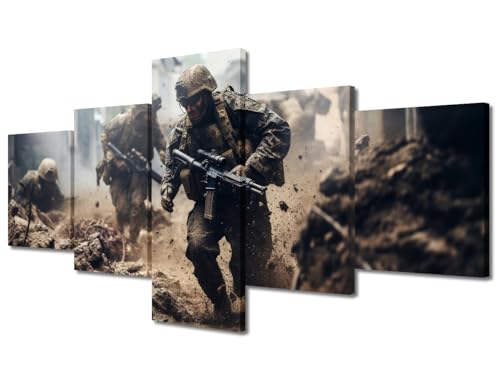‌Warfront Canvas Wall Art Heavy Combat Scene‌ Five Panel Framed Military Print Depicting Armed Soldiers In Assault Formations Urban Battle Strategy And Strategic Combat Maneuvers(50" Wx24 H)