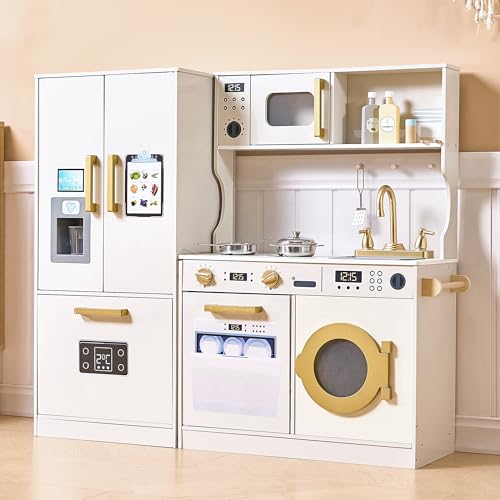 Image of Kids Kitchen Playset with Realistic Design, Luxury Play Kitchen with Extended Storage Cabinets, Toy Kitchen for Toddlers with Coffee Counter, Cookware Accessories, Oven, Microwave (Soft White)
