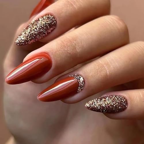 RIICFDD Fall Press on Nails Long Fake Nails Almond False Nails Gold Glitter Glue on Nails Brown Stick on Nails Full Cover Glossy Acrylic Nails for Women Girls Nail Art Decorations 24 Pcs