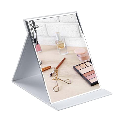 Image of Portable Folding HD Makeup Mirror, Frameless Slim PU Leather Desktop Mirror with Adjustable Stand for Personal Use, Travel, Desktop (Set of 1, White)
