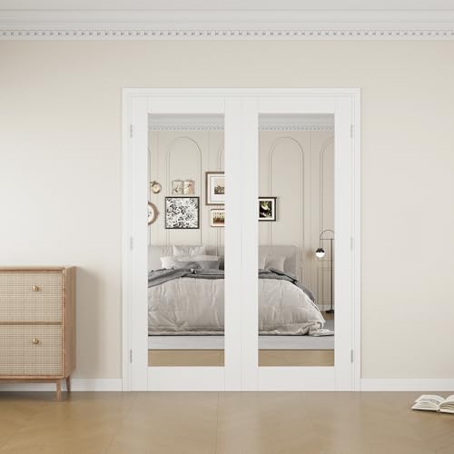 JUJUBON 64" x 80" French Modern Frameless Mirror Door Panel (Double 32" x 80") - Pre-Finished, Paintable, Pre-Assembled, Shatterproof, Wall-Mounted, Hinged Interior Slab Door