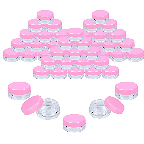 Houseables 3 Gram Jar, 3 ML, Pink, 50 Pk, BPA Free, Cosmetic Sample Empty Container, Plastic, Round Pot, Screw Cap Lid, Small Tiny 3g Bottle, for Make Up, Eye Shadow, Nails, Powder, Paint, Jewelry