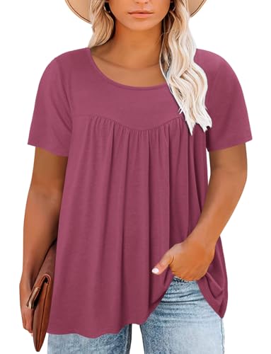 Magritta Womens Short Sleeve Shirts Swing Tunic Tops To Wear With Leggings Solid T-Shirt Plus Size Grape 4X