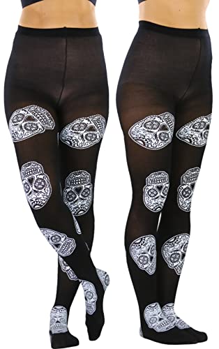 Image of ToBeInStyle Women's Sugar Skull Dia de los Muertos La Catrina Skeleton Bones Tights & Thigh High Stockings