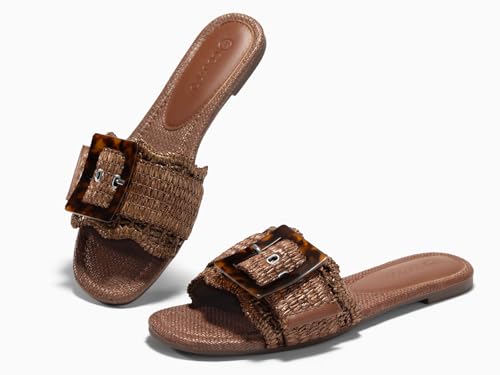 Image of Coutgo Womens Flat Sandals Raffia Slip On Slide Sandal Square Open Toe Buckle Summer Beach Shoes Flats