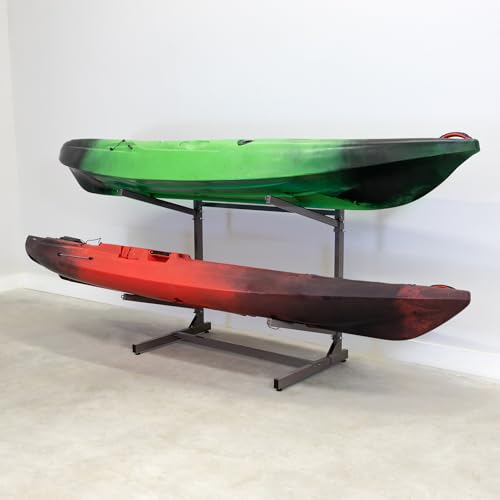 Image of Teal Triangle Adjustable Freestanding Kayak Storage Rack, Holds 2 Kayaks | Outdoor Kayak Rack, Paddle Board Holder, Canoe Rack, Kayak Stand, Felt Padded Arms, Weather Resistant Steel