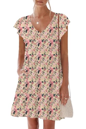 Image of nclook Womens Summer Casual Dresses Sweet Cute V Neck Mini Dress with Pockets Ruffle Short Sleeve