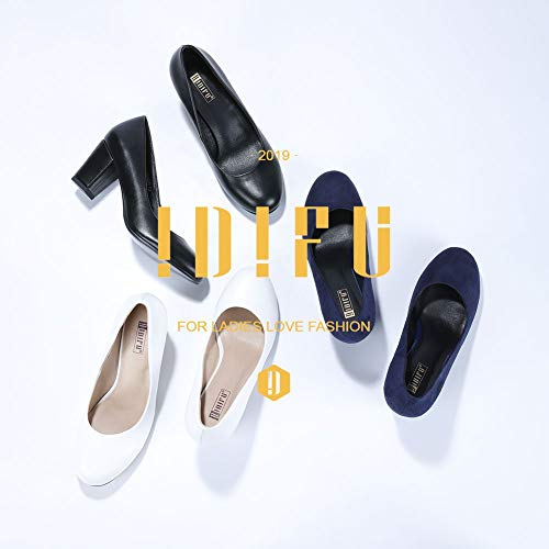 Idifu Women's Sherry Dress Low Block Chunky Heels Pumps Closed Round Toe Shoes For Wedding Office Evening (White Pu, 7 M Us) #TOP1