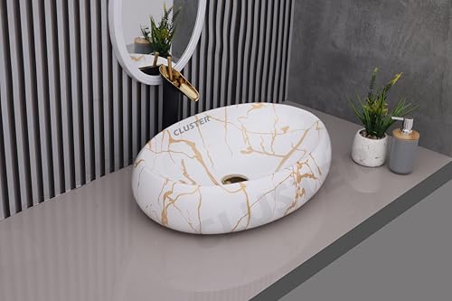 Image of CLUSTER Designer Glossy Ceramic Table Top Wash Basin For Bathroom | Countertop Bathroom Sink For Livingroom, Resturant Decor, Oval Shape (24 x 16 x 6 inch)