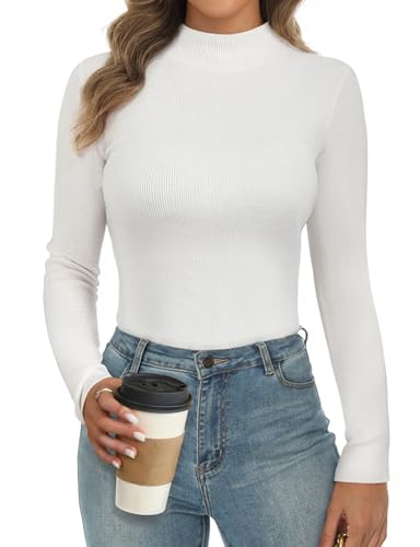 Image of Women's Mock Neck Long Sleeve Shirts Ribbed Knit Sweaters Lightweight Basic Slim Fitted Thermal Underwear Tops