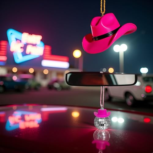 Image of Pink Disco Ball Car Accessory, Disco Car Mirror Ornament, Disco Cowboy Hat Car Charm, Car Disco Decor, Disco Ball for Car Mirror Decor, Disco Car Charm Car Mirror Hanging Accessories