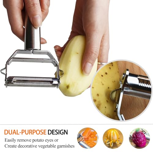 Image of CLOUDVALLEY 3-in-1 Stainless Steel Vegetable Peeler with Cleaning Brush - Ultra Sharp Julienne Peeler, Slicer, Grater & Fruit Peeler, Rust-Proof Kitchen Cutter for Potato, Carrot, Cucumber