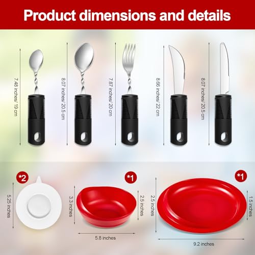 2 Sets Adaptive Utensils Bowl and Plate Set Adaptive Self Feeding Dinnerware with Suction Base Non Slip Bendable Cutlery for Elderly Disabled Hand Tremors Arthritis Parkinson(Red) - Image 3