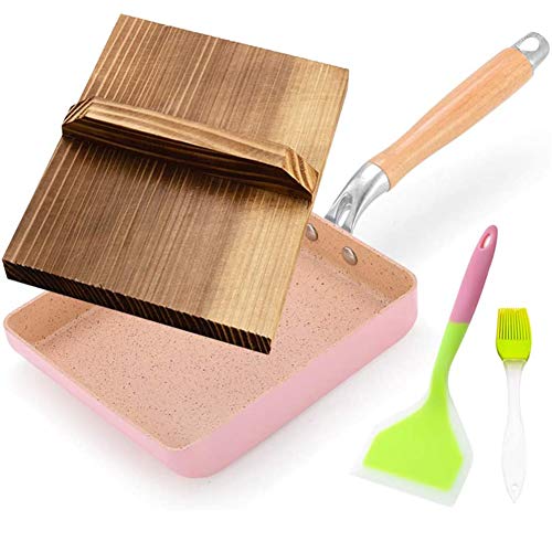 Japanische Tamagoyaki-Pfanne Omelett-Pan-Kochfeld und Induktionskochfelder, Non-Stick-Pfanne mit Holzdeckel und Silikon-Turner