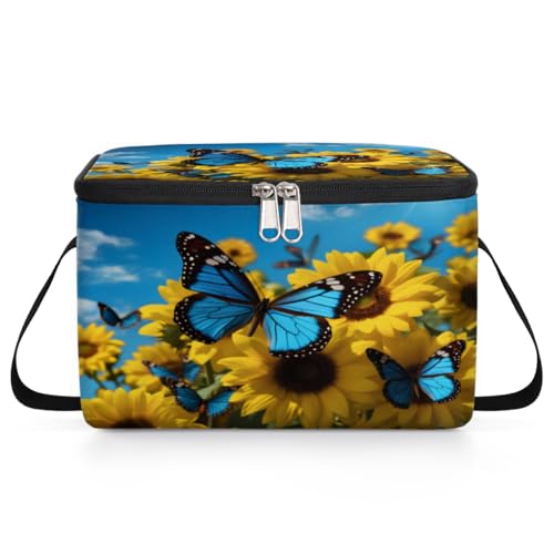 GzLeyigou Blue Butterfly Lunch Bags for Women Men 9 Cans, Hot & Cold Food Delivery Bag Insulated Grocery Bag Insulated Lunch Box Sunflowers Cooler Bag for Office Work Picnic Beach