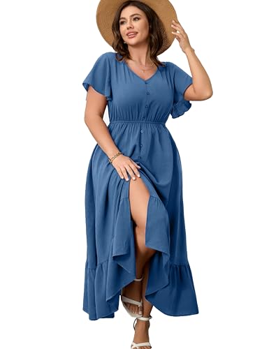 Image of RWJ Women Plus Size Maxi Dress V Neck Short Sleeve Button Trim Split Flowy Tiered Casual Long Dresses 2025 L-3XL