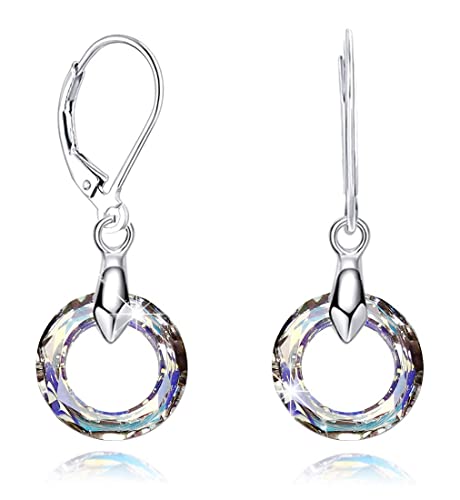 925 Sterling Silver Circle Earrings with Austria Crystal Leverback Dangle Earrings Hypoallergenic Jewelry for Women Mom