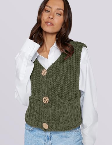 Image of UEU Womens Chunky Sweater Vest Button Down Sleeveless Cardigan V Neck Crop Crochet Knit Tops 2025 Fashion Trendy Clothes