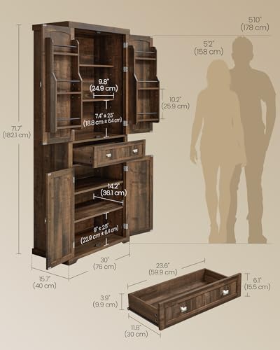 Image of VASAGLE Pantry Cabinet, Tall Storage Cabinet with Drawer, 71.7-Inch | Freestanding cupboard with 2 cabinets, 6 adjustable shelves, Deep Brown, UBBK561K01