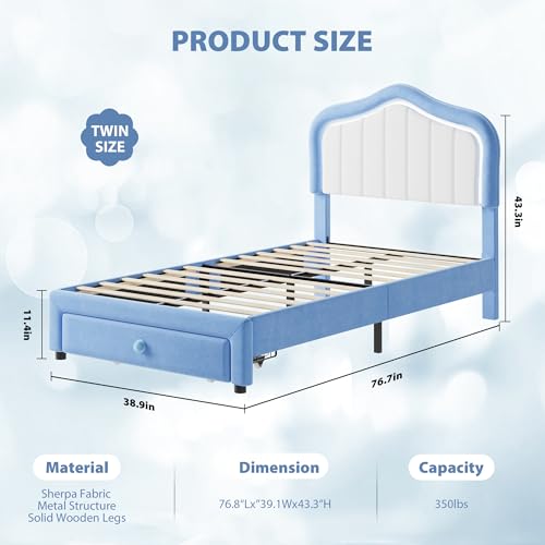 GarveeHome Upholstered Twin Bed Frame with Led Lights and Storage Drawer, Cute Velvet Led Bed Frame with Headboard for Kids, Girls, Boys, No Box Spring Needed, Wooden Slats, Noise Free, Blue
