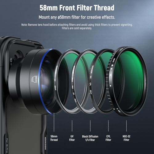 NEEWER HD 65mm Telephoto Phone Camera Lens with Lens Hood Only for 17mm Thread Lens Backplate Cell Phone Cage Case, 1.7X Zoom Lens Attachment Compatible with iPhone 16 15 S25 S24 Ultra Android, LS-66