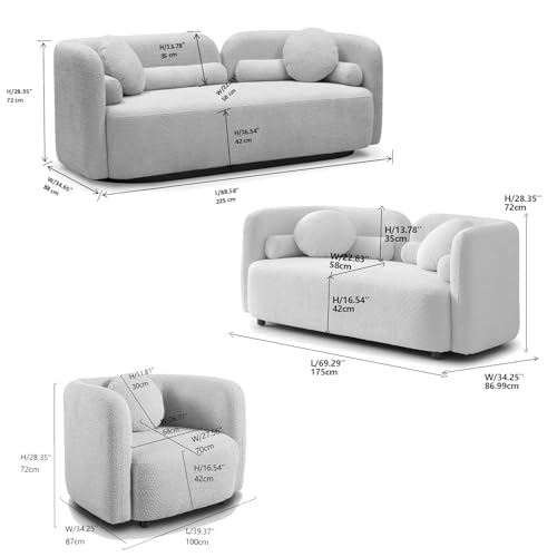 Image of Curved Couch Set for Living Room, 3 Piece Boucle Sofa & Loveseat Set with Accent Chair, Deep Seat Modern Sofa Set, Minimalist Upholstered Living Room Furniture Set for Home Apartment Office, Beige