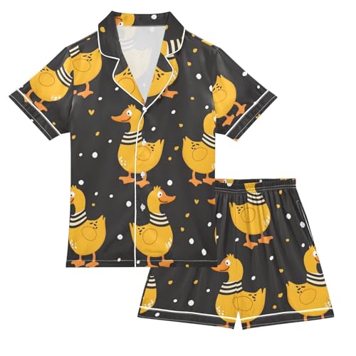 ALAZA Duck Heart Polka Dots Pajamas Satin Pajama Set Short Sleeve Button Down Sleepwear
