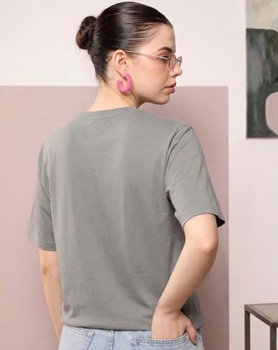 Image of Women's Typography Round Neck Cotton-Blend T-Shirts, Oversized Drop Shoulder Boho Style T-Shirt