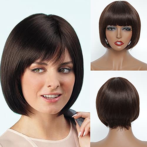 Dark Brown Pixie Cut Wigs with Bangs Short Bob Wig Human Hair Wigs for Women Layered Stylish Wig(4#)