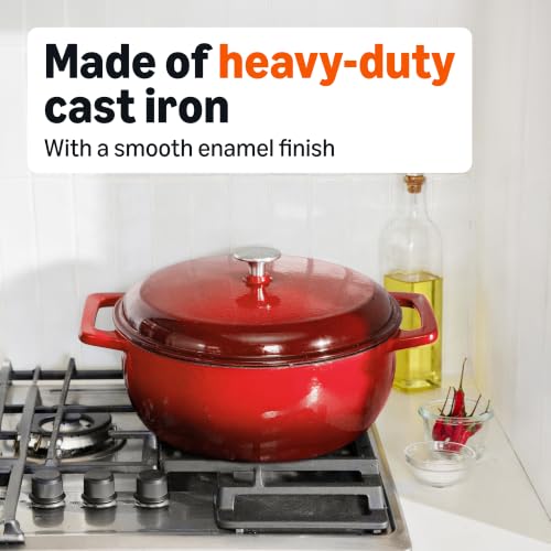 Image of Amazon Basics Enameled Cast Iron Dutch Oven Pot with Lid, Round, Dual Handles, Heavy-Duty, Oven Safe for Stews, Roasting, Baking, 7.3-Quart, Red