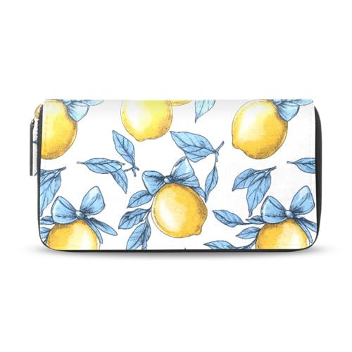 Long Wallets Leather Bifold Wallet for Women Lemon Bow Leaves with Zipper Credit Card Holder Large Capacity