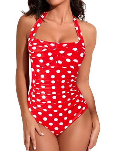Image of Smismivo Tummy Control Swimwear Halter One Piece Slimming Vintage Retro Swimsuit Womens Ruched Push Up Bathing Suit