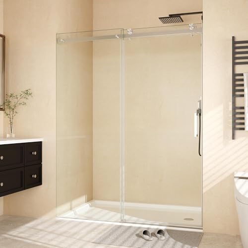 Image of Frameless Sliding Shower Door Enclosure - 56 to 60 Inch Adjustable Width x 76 Inch Height, 8mm Coated Tempered Safety Glass with Easy Clean, Square Stainless Steel Rail, Brushed Finish