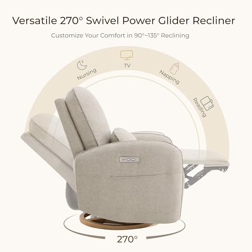Image of CHITA Power Swivel Glider Recliner Chair, Nursery Rocker, Fabric in Khaki | Electric Recliner with Removable Lumbar Pillow, FSC Certified, Comfortable Rocking Chair for Living Room & Nursery