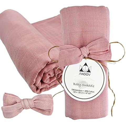 ANDOV Muslin Cloths for Baby Swaddle Wrap Newborn Blanket 0-3 Months Essentials 70% Bamboo 30% Cotton Ultra-Soft & Eco-Friendly GOTS Certified 100% - PINK Cover