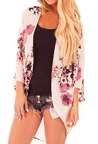 Image of FINOCEANS Womens Floral Chiffon Kimono Cardigans Loose Beach Cover Up Half Sleeve Tops