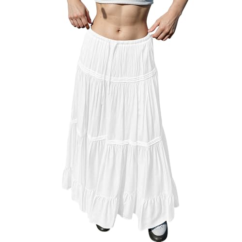 Maxi Skirts for Women Trendy Drawstring High Waisted Flowy Tiered Linen Skirt Pleated Ruffled A-Line Long Skirts2