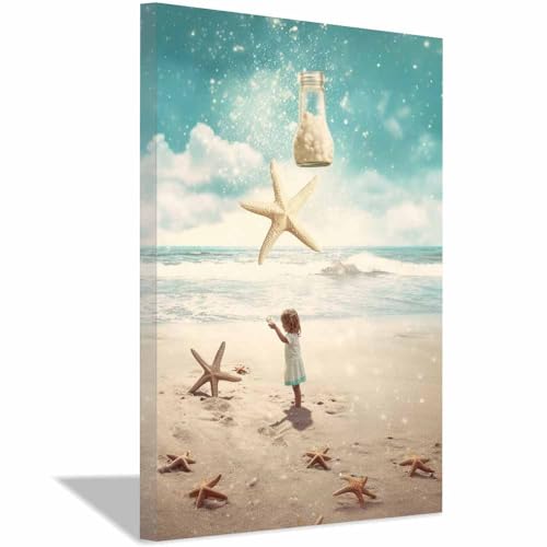 Toile de chambre bocal étoiles magique plage TERUEA bleu blanc 40x60cm