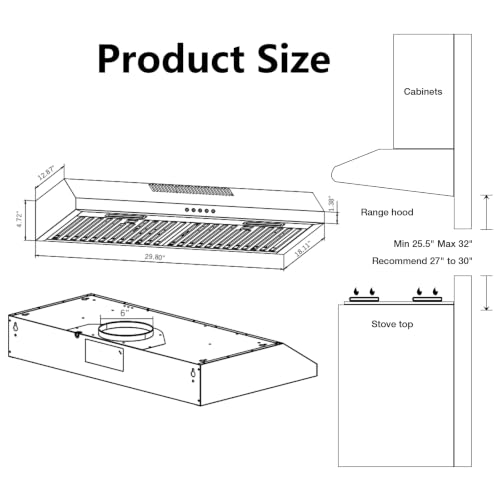 Image of 30 Inch Under Cabinet Range Hood, kitchen hood ductless 600CFM | Dual Motor Stainless Steel, 3‑Speed Fan,Convertible Ducted /Ductless,2 LED Lights,Baffle Filters,Top & Rear Vent