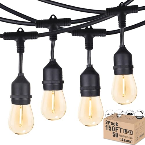 Meidaoduo Outdoor String Lights LED 150FT Waterproof Heavy-Duty Patio Lights String with 50 Dimmable Shatterproof Plastic Edison Bulbs(4 Extra) for Gazebo Pergola Bistro Lights Connectable