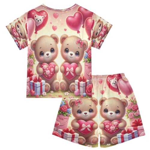Bears Heart Valentines Cute Pajama Set Short Sleeve PJ Set Cotton Summer Pajamas Sleepwear Soft 5Y2