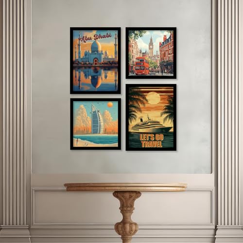 Image of kotart Retro Travel Theme City Vibes Wall Decor Photo Frames - Modern Art City Vibes Wall Decor Photo Frames - Wall Poster with Frame for Room Office Living Room Hotel Home Decor Set of 8 (Art 4, Big(13x17 or 13x13 inch), Framed)