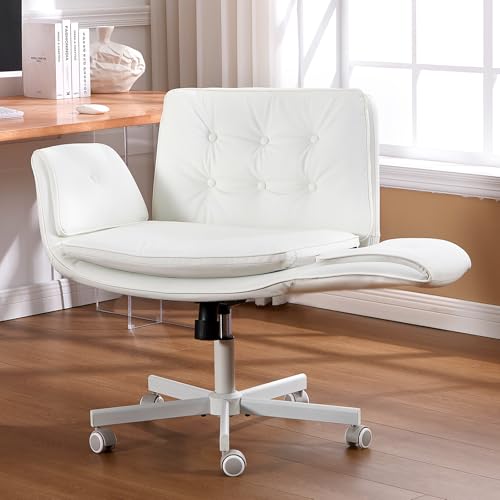 amseatec Criss Cross Office Chair, PU Leather Vanity Chair with 5-Level Adjustable Armrests & Swivel, Ergonomic Criss Cross Chair for Home Office Bedroom Makeup（White）