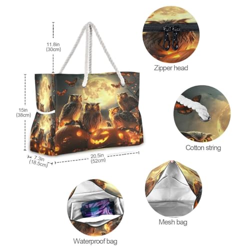 Large Beach Bags Totes Canvas Tote Shoulder Bag Owl Pumpkin Water Resistant Bags for Gym Travel Daily4