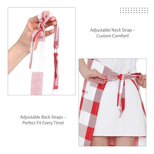 Image of Encasa XO Cotton Cooking kitchen Apron for Women and Men chef apron With adjustable neckstrap, Pocket & Towel Holder for Easy cooking, Baking, BBQ, Gardening- Buffalo Red Checks, 68x85 cm